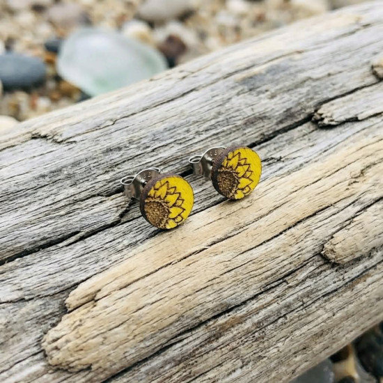 Wooden Sunflower Stud Earrings